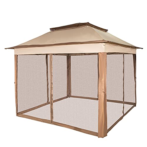 LOVSHARE Outdoor Canopy Gazebo 11x11ft with Four Sandbags - Pop Up Gazebo with Netting - Patio Gazebo Brown for Backyard, Outdoor, Patio and Lawn
