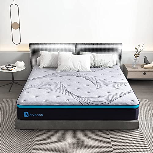 Queen Mattress, Avenco Hybrid Mattress Queen Size, 10 Inch Pocket Spring and Gel Memory Foam Queen Mattress in a Box, Grey, Medium Firm, Comfortable and Supportive, Edge Support, CertiPUR-US