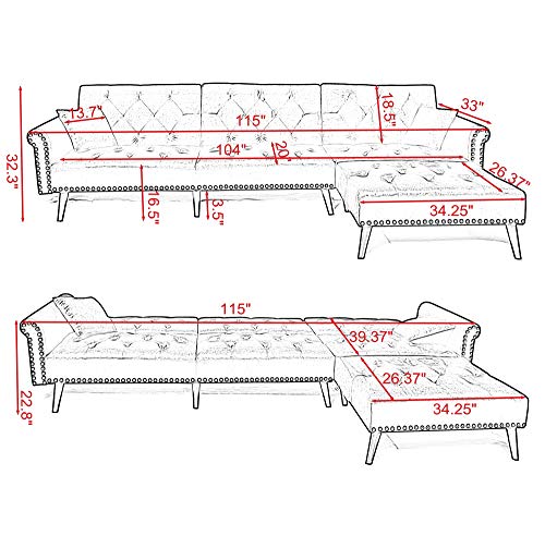 elvet Fabric Sectional Sofa Set Corner Couch with Chaise Lounge Living Room Furniture (Navy Blue)