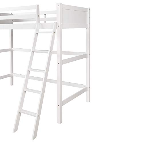 Twin Size Loft Bed with Ladder, Wooden Loft Bed Frame for Kids Teens Adults (White)