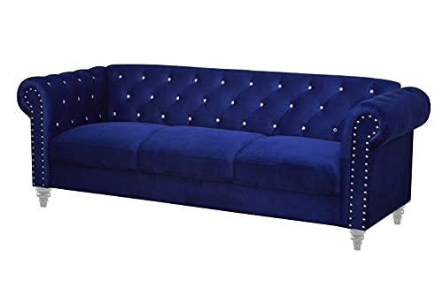 New Classic Furniture Glam Emma Velvet Three Seater Chesterfield Style Sofa for Small Spaces with Crystal Button Tufts, Royal Blue