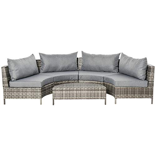 Outsunny 5PC Outdoor Patio Furniture Set Garden Sectional Rattan Wicker Sofa Set Cushioned Half-Moon Seat Deck w/Pillow Grey