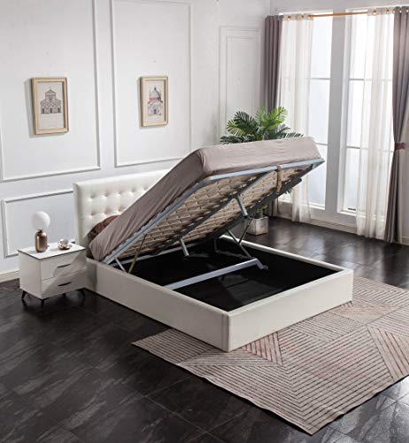 GREATIME Storage Bed, Queen Size Bed, White Leatherette Contemporary Bed, Modern Tufted Headboard, Strong Wood Slats Support Platform Bed