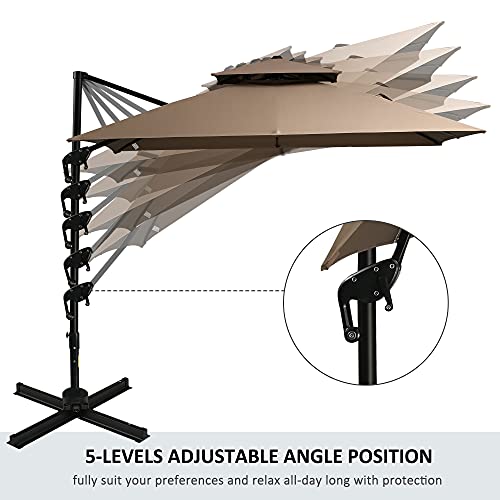 Outsunny 10' 2-Tier Canopy Cantilever Patio Umbrella with Rotating Base & 5-Position Tilt, Coffee