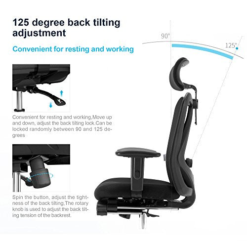 SIHOO Ergonomic Office Chair with Footrest, Recliner Computer Desk Chair, Adjustable Headrest Breathable Mesh High Back and Armrests Mesh Chair(Black)
