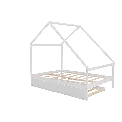 House Bed Full Size for Kids , Full Size Bed Frame with Twin Size Trundle Bed , Wooden Kids House Full Bed Frame for Girls, Boys ,No Box Spring Needed,White