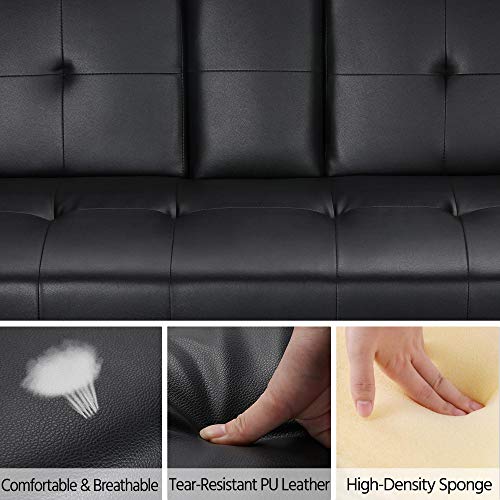 Topeakmart Living Room Sofa Couch Modern Sectional Sofa Bed Couch Faux Leather Upholstery Futon Sofa Bed with Convertible Chaise Lounge Reclining Living Room Sofa Black