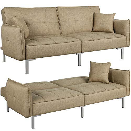 Topeakmart Sofa Couch Bed Daybed Foldable Futon Couch Sets Recliner Sofa Sleeper Living Room Home Office Furniture Linen Fabric Metal Legs 3 Angles Adjustable Khaki