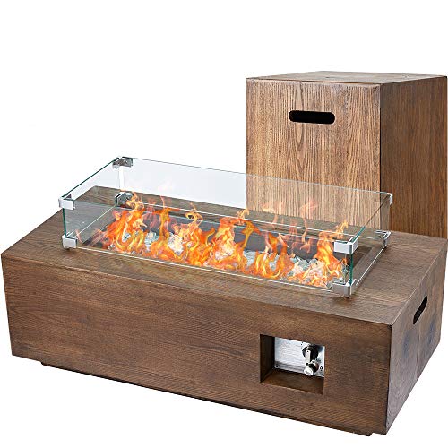 ECOTOUGE 42Inch 2-Piece Outdoor Propane Gas Fire Pit Table, 50,000 BTU Auto-Ignition Rectangular Fire Table w/ Tank Holder, Wind Guard ,Weather-Resistant Waterproof Cover, Glass Stone