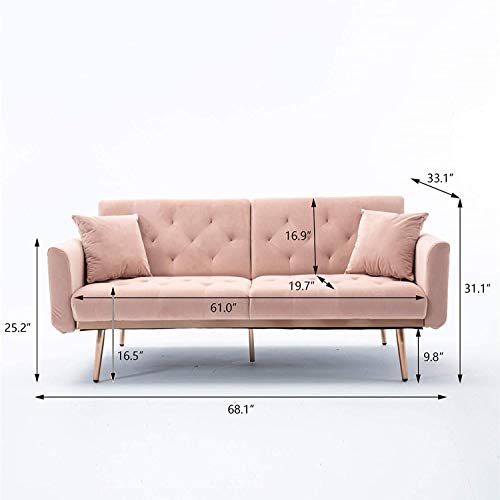 Mid Century Modern Velvet Fabric Couch Convertible Futon Sofa Bed Recliner Couch Accent Sofa Loveseat Sofa with Gold Metal Feet (59 Pink)