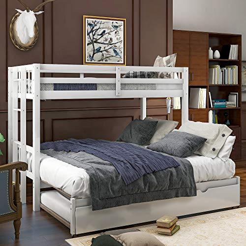 KLMM Twin Over Pull-Out Bunk Bed with Trundle, Wooden Twin Over Twin/Full/Queen/King Bunk Bed, Accommodate 4 People Extendable Bunk Beds with Ladder and Safety Rail (White)