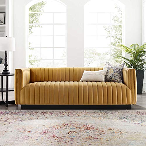 Modway Conjure Channel Tufted Upholstered Performance Velvet Sofa in Cognac
