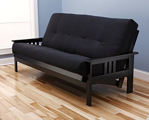 Mission Style Black Wood Frame Futon Convertible Full Size Innerspring Mattress with Cover-Use As Bed Sofa Sofabed Or Couch -Comfortable Furniture for Sleeping Sitting Or Lounging