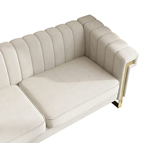 Chesterfield Sofa with Tufted Velvet Upholstered,Modern Velvet Couch with Flared Arms and Removable Cushions,83.85 Inch Width Living Room Furniture,Solid Wood Frame and Gold Legs,Beige