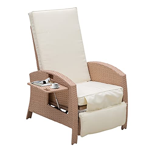 Outsunny Rattan Wicker Recliner with Adjustable Back, Side Table, Lounge Chair with All-Weather Removable Cushion for Patio Backyard Pool Porch, Beige