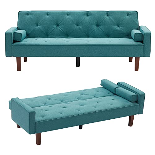 AOOWOW Square Arm Futon Sofa Bed Sleeper, Mid-Century Modern Tufted Linen Upholstered Sofa Couch with 2 Pillows,Convertible Folding Sofa Couch Sleeper for Compact Living Space,Apartment (Green)