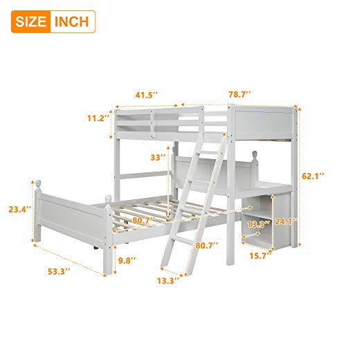 Harper&Bright Designs Twin Over Full bunk beds with Cabinet, Wood Twin Over Full Loft Bed L-Shaped with Ladder, No Box Spring Need (Loft Bed-White, Twin Over Full)