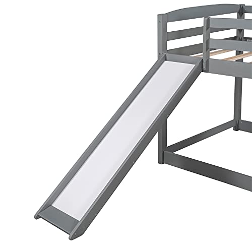 Bunk Beds Twin Over Twin ,Wooden Bunk Bed with Slide , Low Bunk Bed for Kids with Ladder, Floor Bunk Bed Toddler ,No Box Spring Needed ,Grey