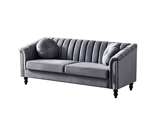 HomSof Modern Velvet Upholstered Couch, 3 Seat Tufted Back with Nail Arms, Solid Wood Legs, Sleeper Sofa, Compact Living Space, Apartment, Bonus Room, Loveseat, Grey