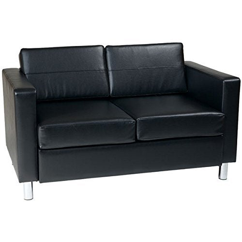OSP Home Furnishings Pacific Vinyl Loveseat with Spring Seats and Silver Metal Legs, Black