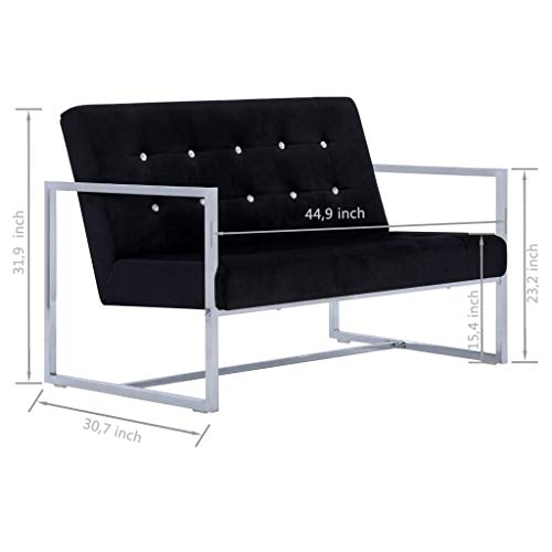 2-Seater Sofa with Armrests | Modern 2-Seat Sofa Couch with Metal Legs | Polyester Living Room Sofa with Wooden Frame | Black Velvet with Chrome Legs 44.9