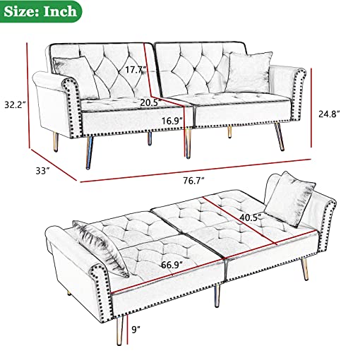 Velvet Futon Sofa Bed Convertible Sleeper Sofa Couch with Two Pillows, Antetek Modern Loveseat Sofa with 3 Adjustable Positions and 6 Golden Metal Legs for Living Room and Bedroom, Green