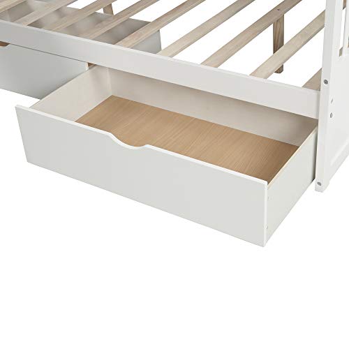 Twin Over Full Bunk Bed with Stairs and Slide , Multifunction Wood Bunk Bed with Storage, White