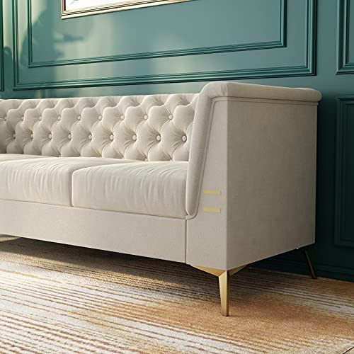 Garhelper Mid-Century Channel Tufted Velvet Sofa Couch,Traditional Chesterfield Sectional Barrel Curved Sofa,3 Seat Button Tufed Lovesest with Scroll Arms and Gold Metal Legs for Living Room Bedroom