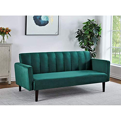 Container Furniture Direct Regal Modern Convertible Full Out Futon Sofa Compact Channel Stitch Velvet Sleeper Couch Bed for Living Room, Bedrooms, Apartments, and Dorm, 72 Inch, Green