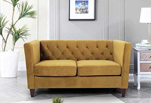 US Pride Furniture High Density Foam 56.7'' Wide Medallion Yellow Velvet Button-Tufted 2 Seater Living Room Loveseat with Removable Cushion & Solid Wood Legs (S5708-5714) Love Seats
