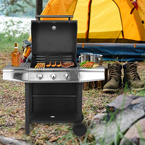 TOPINCN Rolling Gas Grill Cabinet, 3-Burner Liquid Propane Grill Stainless Steel Patio Garden Barbecue Grill with Side Burner 36849.6 BTU 400 sq.in. for Restaurant Garden
