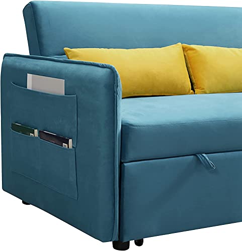 Smilehome Velvet 57'' Loveseat Sleeper Sofa Pull Out Bed, 2 Seats Sofá with Adjustable Backrest, 2 Pillows & Side Pocket Living Room Small Apartment, Blue