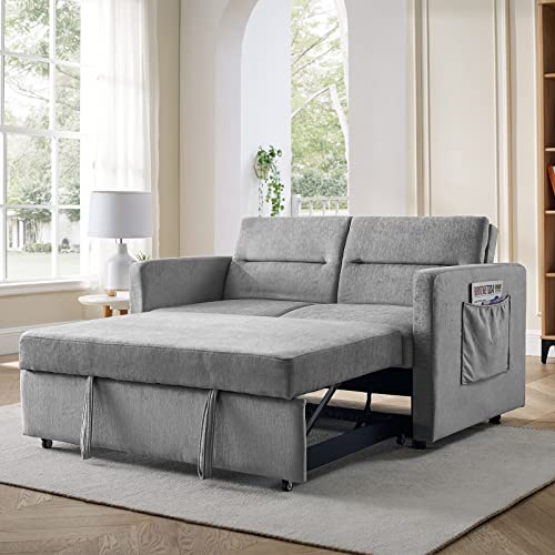 Pull Out Loveseat Sofa Bed, Modern Convertible Sleeper Sofa Bed with Pull Out Bed, Love seat Sofa Couch with Adjustable Backrest and Side Pocket, Suitable for Living Room Small Apartment (Grey)