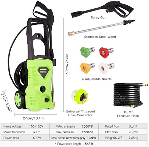 Homdox Electric Pressure Washer 2600 PSI,1.6 GPM Power Washer 1800W High Pressure Washer Car Washer with 4 Nozzles (Green)