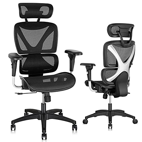 Gabrylly Ergonomic Office Chair, Large Mesh Chair with Lumbar Support - Double Back, Adjustable Headrest & 2D Armrests, High-Back Home Desk Chair with Tilt Function, Swivel Computer Executive Chair