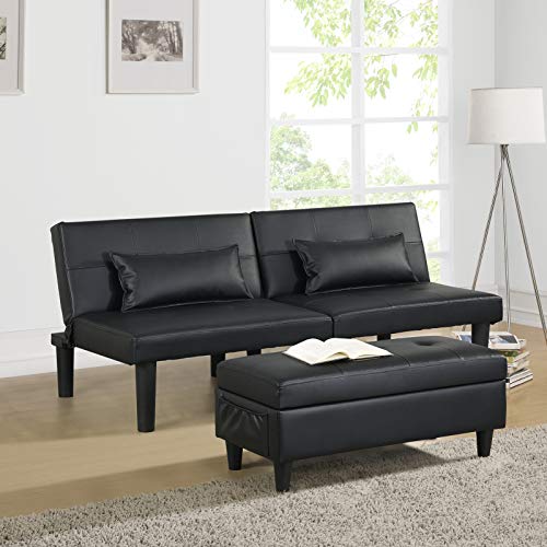 Convertible Futon Sofa Bed Couch with Ottoman Footstool or Coffee Table - Modern Tufted Faux Leather Loveseat Sleeper Sofa Bed with 8 Sturdy Legs and 2 Lumbar Pillows for Small Room, Apartment (Black)