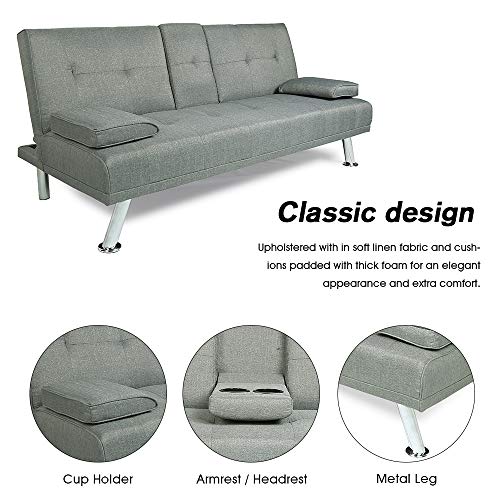 Hooseng Frabic Convertible Futon Sofa Bed 2 Cupholders with Armrest & Fold Up & Down Recliner Couch with Cup Holders, Gray