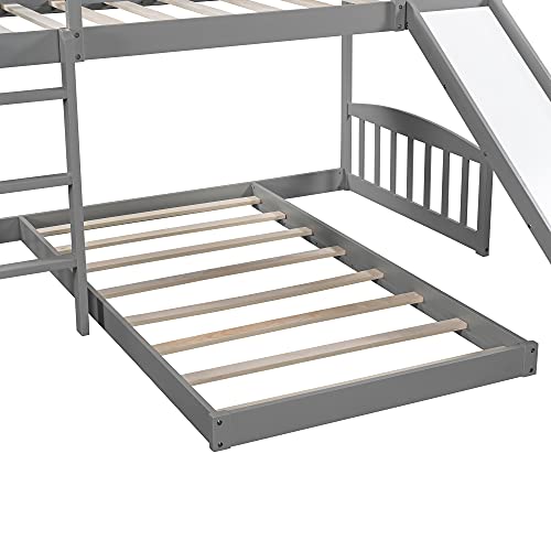 Bunk Bed with Slide for Kids, Wooden Low Bunk Bed Twin Over Twin , Twin Bunk Beds Low Frame with Ladder, No Box Spring Needed,Grey