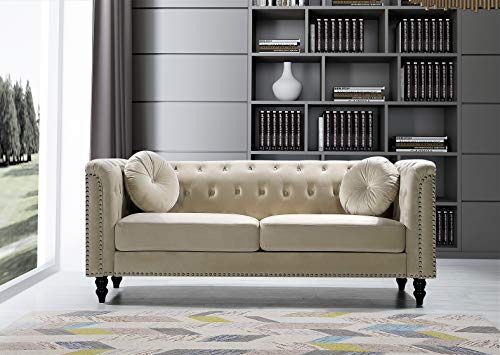 US Pride Furniture Modern Style High Density Foam 75.98'' Wide Cream Velvet Rolled Arm Chesterfield Living Room Removable Cushion & Solid Wood Legs (S5608-5613) Sofas