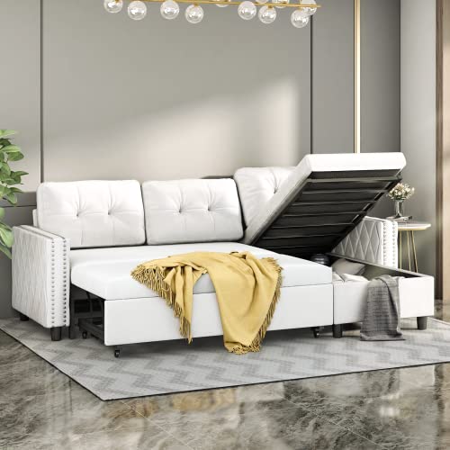 Mjkone Velvet Sectional Sleeper Sofa with Large Chaise Storage,Reversible Pull Out Couch Sofa Bed,L-Shape Sectional Sleeper Sofa(Cream White)