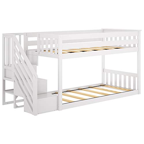Max & Lily Twin Low Bunk Bed with Staircase, Twin/Twin, White