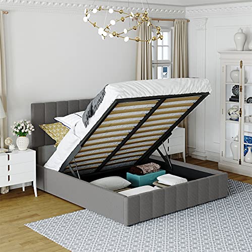 Queen Upholstered Platform Bed with Gas Lift up Storage, Queen Bed Frame with Storage Underneath and Tufted Headboard, Wooden Platform Bed with Hydraulic Storage System (Queen Bed, Gray )