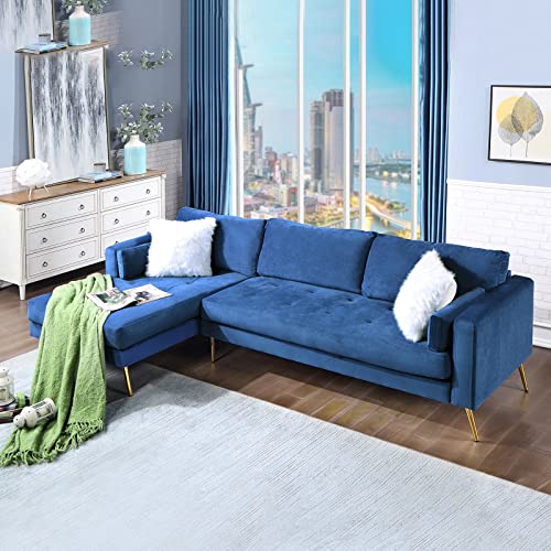 L-Shaped Velvet Sectional Sofa, Modern Corner Sofa Chaise with 2 Upholstered Pillows, Contemporary Classic Button Tufted Couch with Metal Leg, Left Facing (Blue)