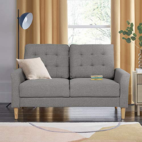 VECELO Modern Tufted Fabric Sofa with Armrest/Solid Wood Legs,Living Room Sets,Grey