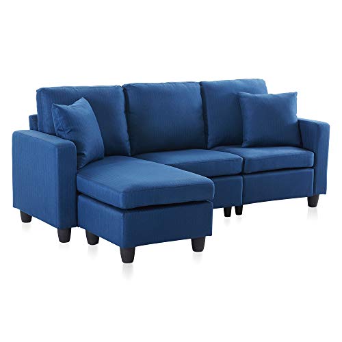 BELLEZE 3 Piece Convertible Sectional Sofa, Upholstered Linen L Shaped Couch with Modular Chaise Lounge, Loveseat and Ottoman, Small Space - Altera (Navy Blue)