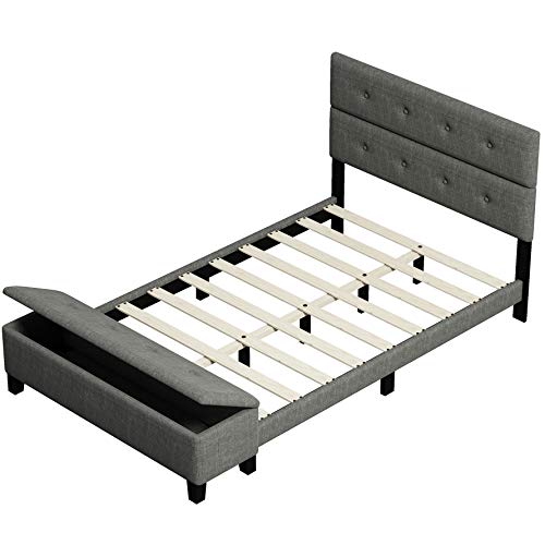 Upholstered Queen Bed Frame, Queen Platform Bed Frame with Tufted Headboard and Storage , Queen Size Bed Frame No Box Spring Needed (Queen, Grey)