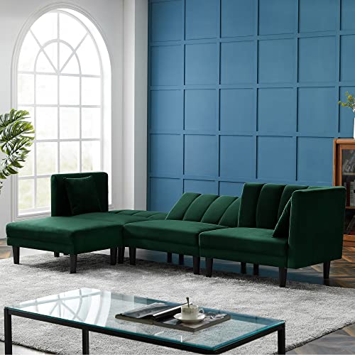 DKLGG Sectional Couch Velvet Fabric Sectional Sofa with 2 Throw Pillow, Tufted Convertible Sofa Bed Modern L Shaped Couch with Chaise, Lounge Corner Couches for Living Room (Green)