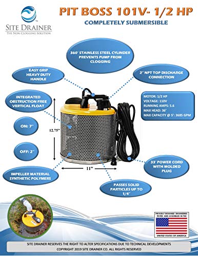 Site Drainer Pit Boss 101V, 1/2 HP, Non Clogging, Electric Submersible Dewatering Pump and Trash Pump with Debris Resistant Float Switch