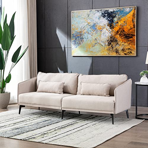 Modern Apartment Couch and Coffee Table Set, Beige Sofa with Rectangle Glass Waiting Area Table, 2 Piece Living Room Furniture Set