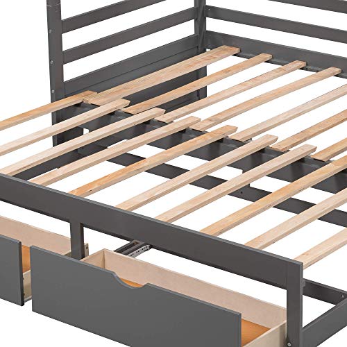 Twin Over Twin/Full/Queen/King Bunk Bed, New Version Wooden Bunk Bed with Drawers, Extendable Pull-Out Bunk Bed, Convertible to Daybed and Loft Bed, Functional Twin Bunk Bed (Grey)